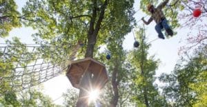 the trees against the sunlight and sky are visible as are ropes and a man going through ropes course therapy