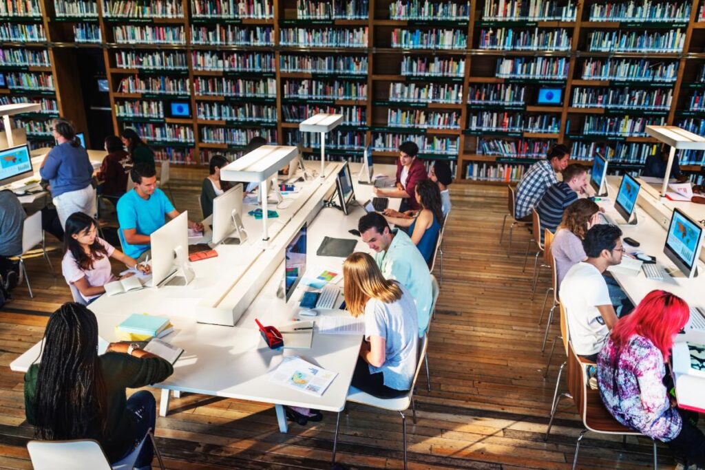 bird's eye view of crowded college campus library