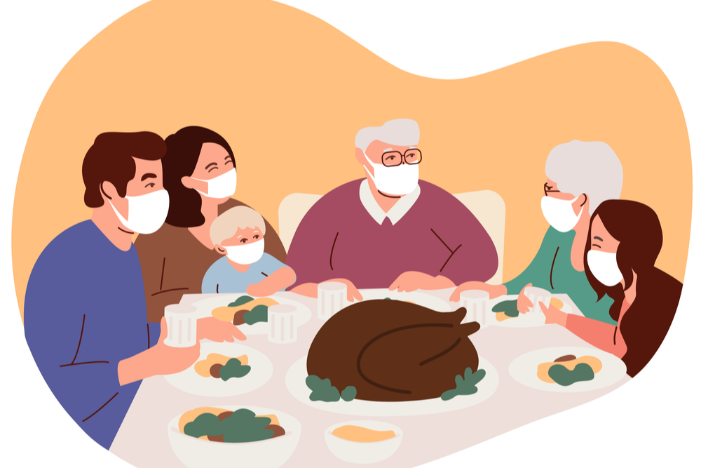 Illustration of family wearing masks during holiday season dinner